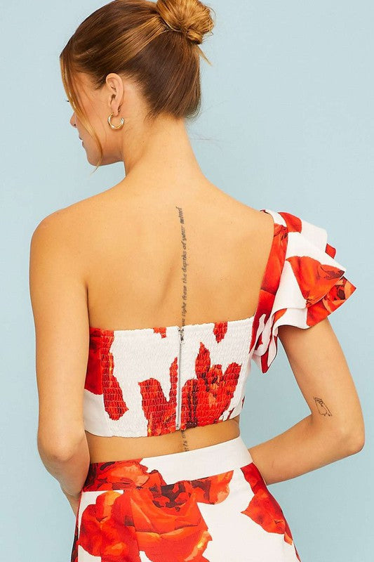 One Shoulder Floral Print Crop Top