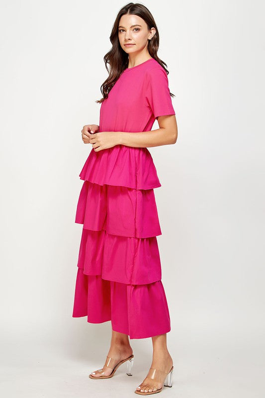 Knit Dress With Poplin Tiered Skirt