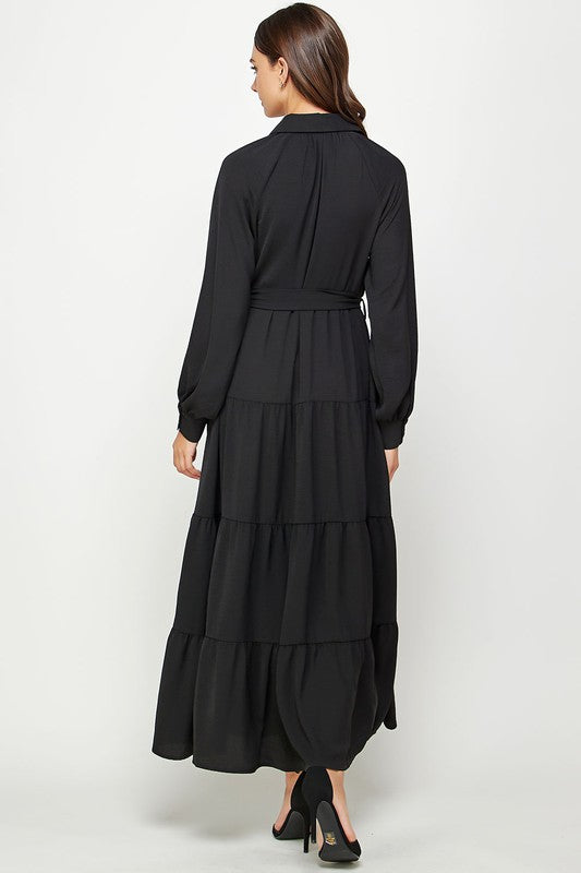 Tiered Long Sleeve Shirt Dress (Orange or Black)