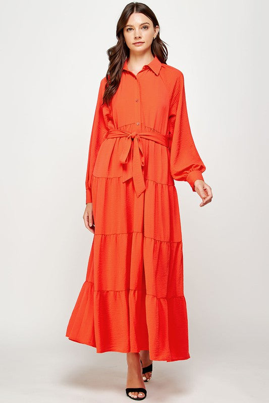 Tiered Long Sleeve Shirt Dress (Orange or Black)