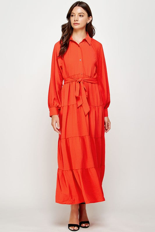 Tiered Long Sleeve Shirt Dress (Orange or Black)