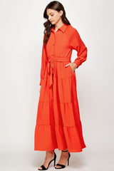 Tiered Long Sleeve Shirt Dress (Orange or Black)