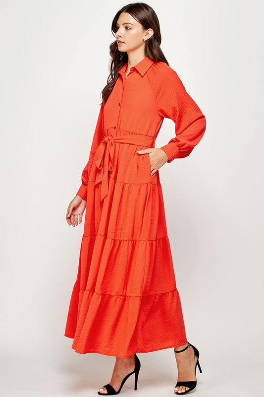 Tiered Long Sleeve Shirt Dress (Orange or Black)
