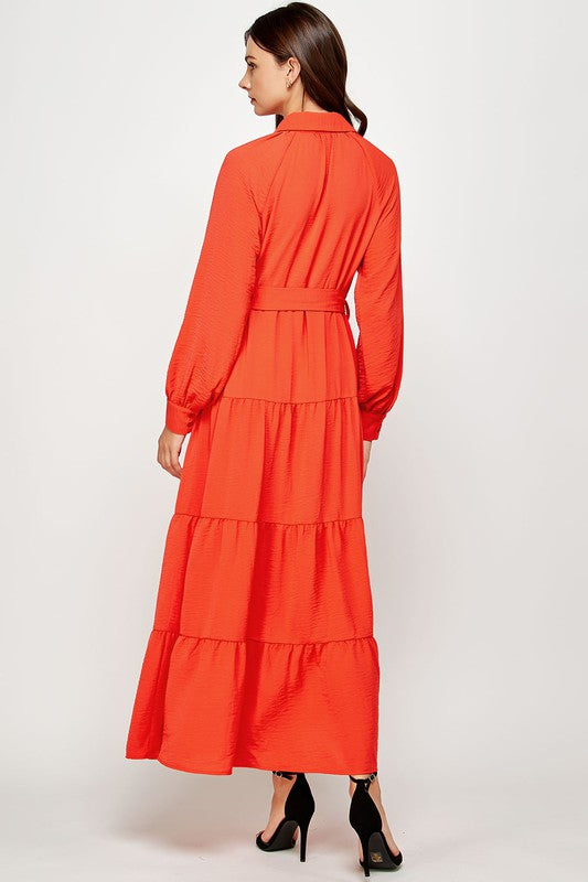Tiered Long Sleeve Shirt Dress (Orange or Black)