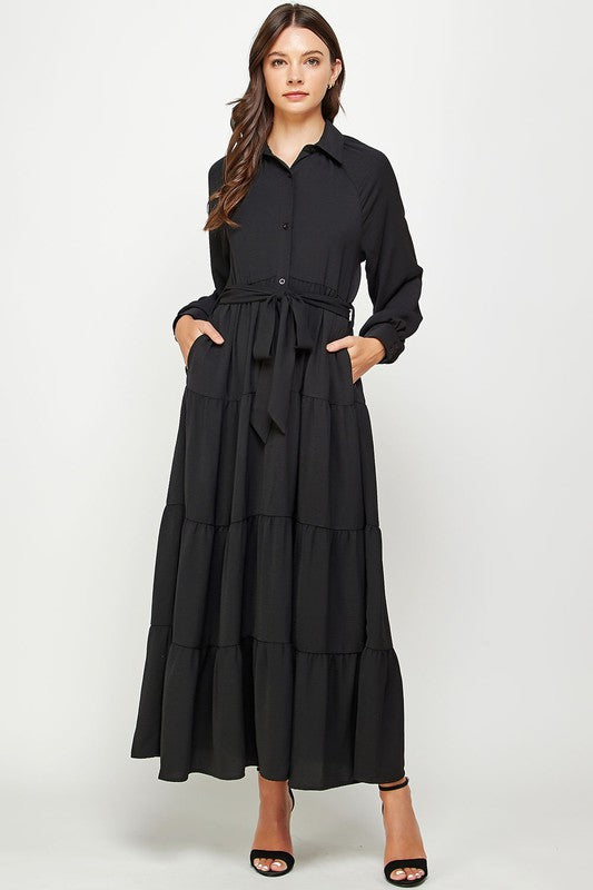 Tiered Long Sleeve Shirt Dress (Orange or Black)