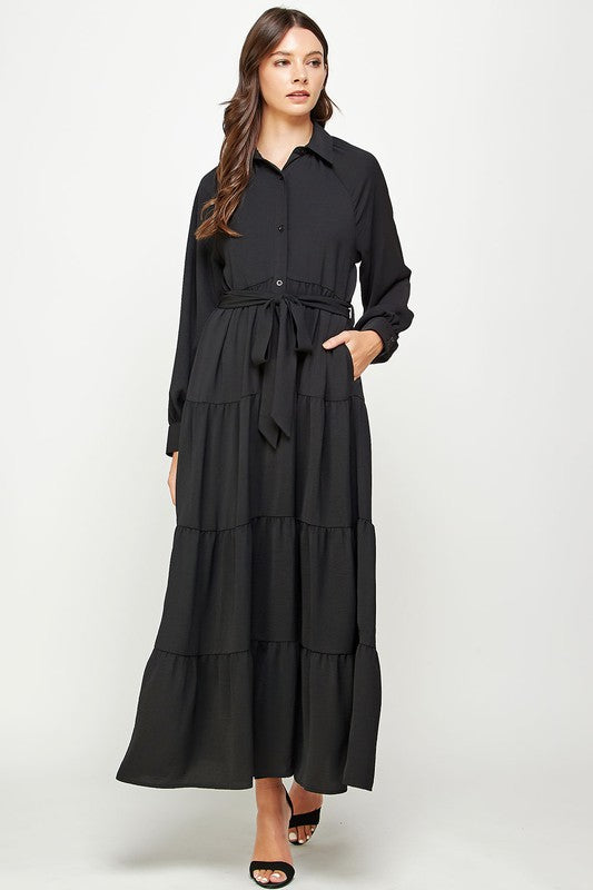 Tiered Long Sleeve Shirt Dress (Orange or Black)