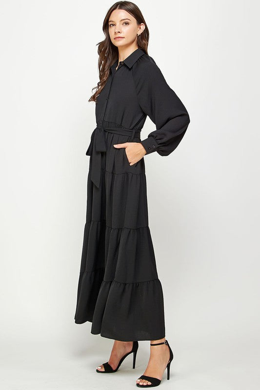 Tiered Long Sleeve Shirt Dress (Orange or Black)