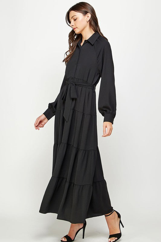 Tiered Long Sleeve Shirt Dress (Orange or Black)