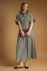 Gingham Pattern Button Down Shirt Dress