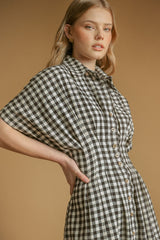 Gingham Pattern Button Down Shirt Dress
