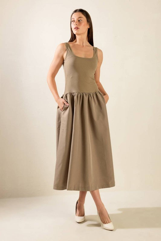 Knit/ Woven Combination Midi Dress (2 Color Waysflyin)