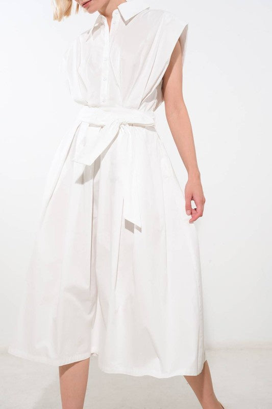 Crisp White Solid Woven Midi Dress
