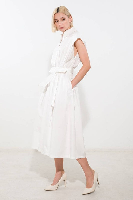 Crisp White Solid Woven Midi Dress