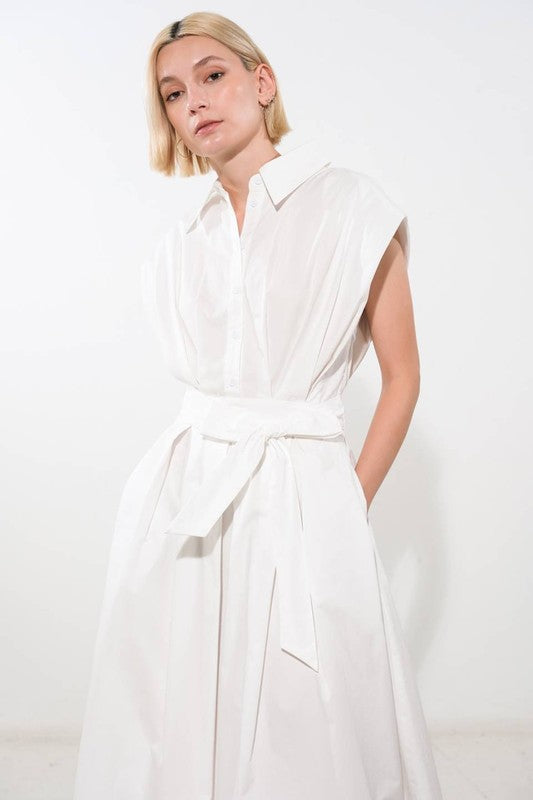 Crisp White Solid Woven Midi Dress