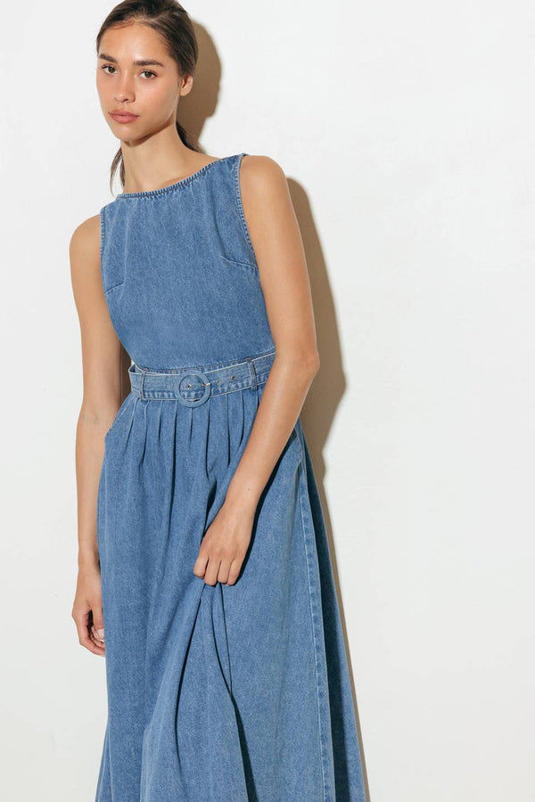 Open Back Belted Denim Midi Dress