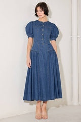 Washed Denim Jewel Buttons Midi Dress