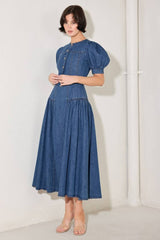 Washed Denim Jewel Buttons Midi Dress