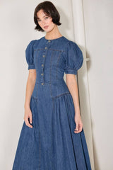 Washed Denim Jewel Buttons Midi Dress