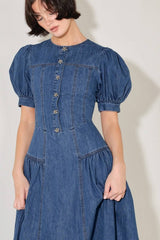 Washed Denim Jewel Buttons Midi Dress