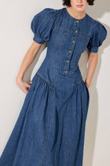 Washed Denim Jewel Buttons Midi Dress