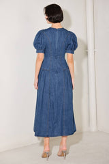 Washed Denim Jewel Buttons Midi Dress