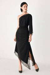 Asymmetric One Shoulder Lace Trim Midi Dress