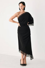 Asymmetric One Shoulder Lace Trim Midi Dress