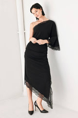 Asymmetric One Shoulder Lace Trim Midi Dress