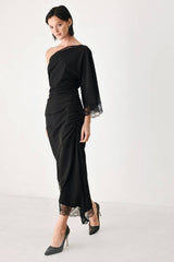 Asymmetric One Shoulder Lace Trim Midi Dress