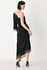 Asymmetric One Shoulder Lace Trim Midi Dress