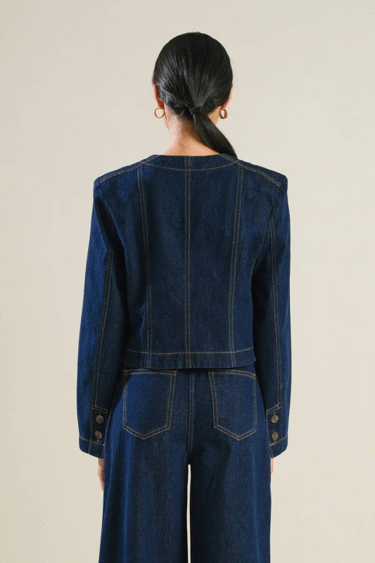 cropped jacket over fitted indigo knee length dress cropped jacket over fitted indigo knee length dress Topstitch Denim Jacket- Indigo