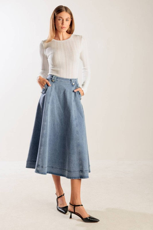 High-Waisted A-Line Denim Midi Skirt