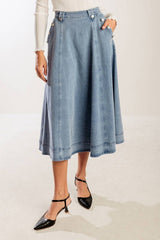 High-Waisted A-Line Denim Midi Skirt