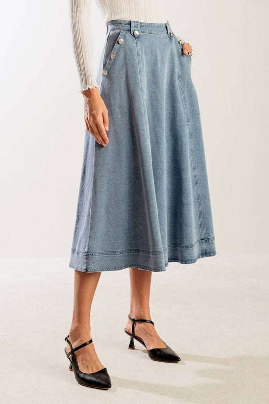 High-Waisted A-Line Denim Midi Skirt