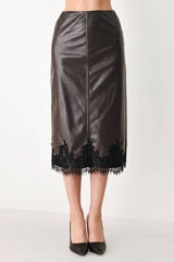 Faux Leather Lace Trim Midi Pencil Skirt