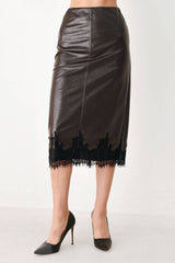 Faux Leather Lace Trim Midi Pencil Skirt