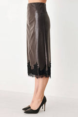 Faux Leather Lace Trim Midi Pencil Skirt