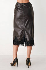 Faux Leather Lace Trim Midi Pencil Skirt