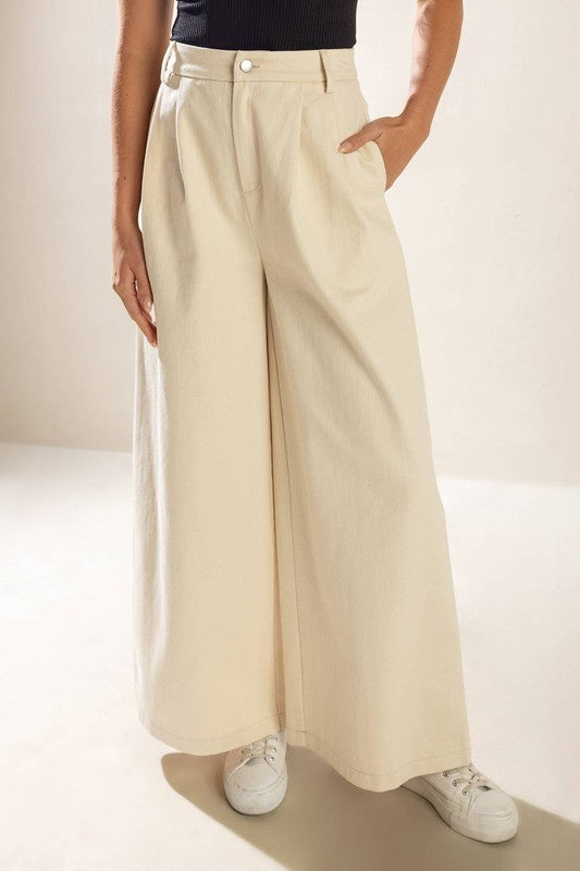 Solid Twill Wide-Leg Pants