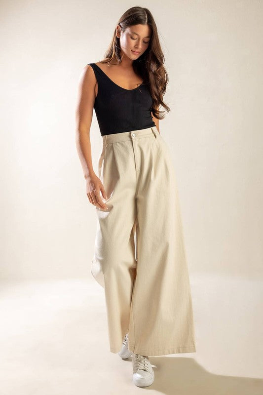 Solid Twill Wide-Leg Pants