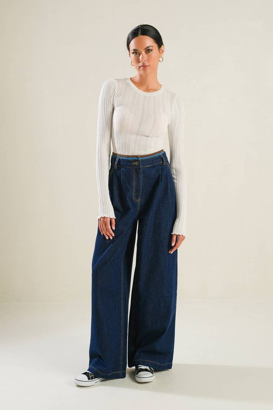 Cotton Wide-Leg Denim Pants