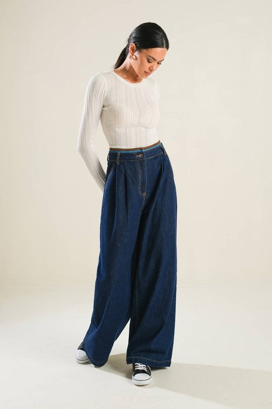 Cotton Wide-Leg Denim Pants