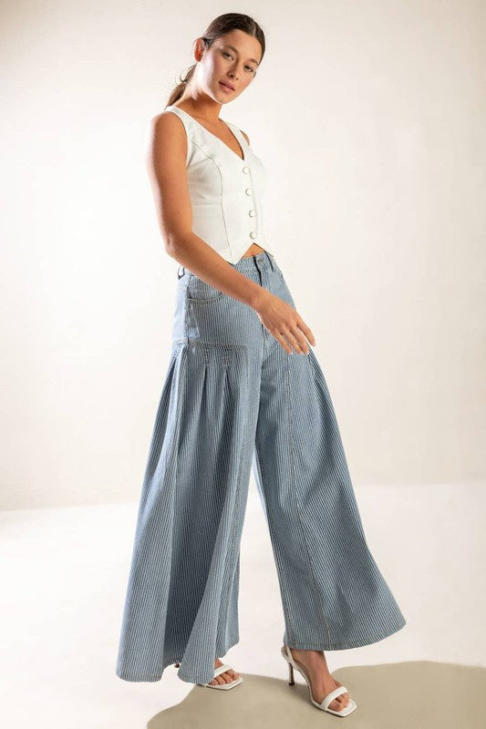 Striped Wide-Leg Denim Pants