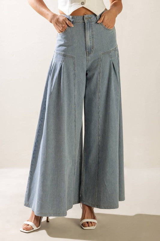 Striped Wide-Leg Denim Pants