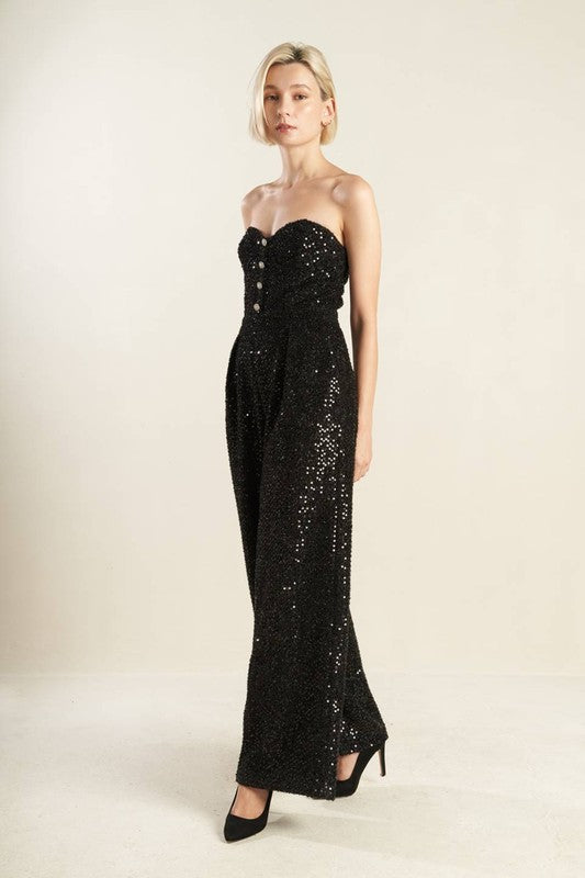 Sequin Sweetheart Button Trim Wide Leg Jumpsuit