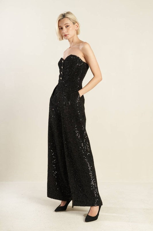Sequin Sweetheart Button Trim Wide Leg Jumpsuit