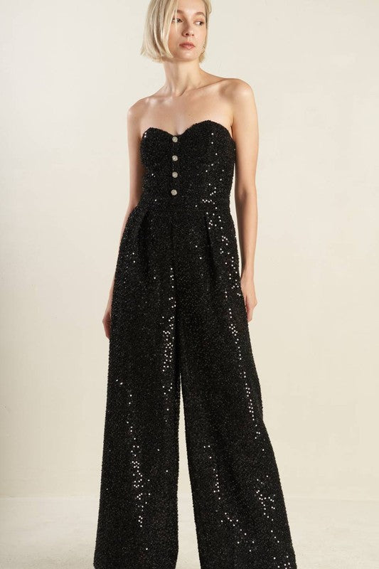 Sequin Sweetheart Button Trim Wide Leg Jumpsuit