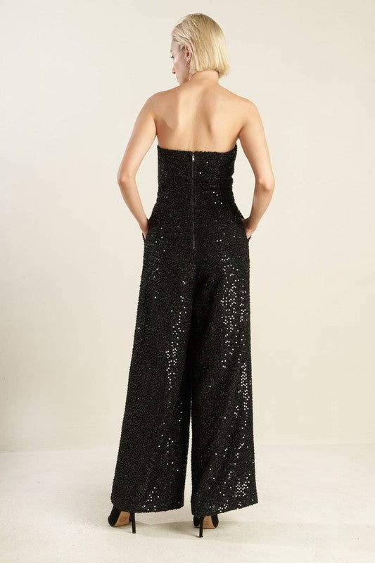 Sequin Sweetheart Button Trim Wide Leg Jumpsuit