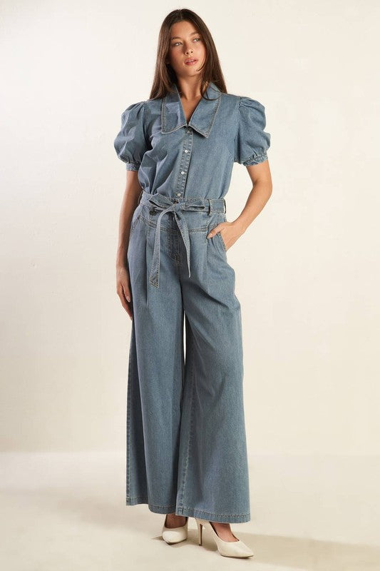 Washed Wide-Leg Denim Pants