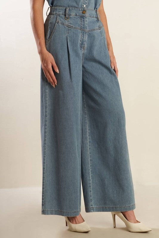 Washed Wide-Leg Denim Pants